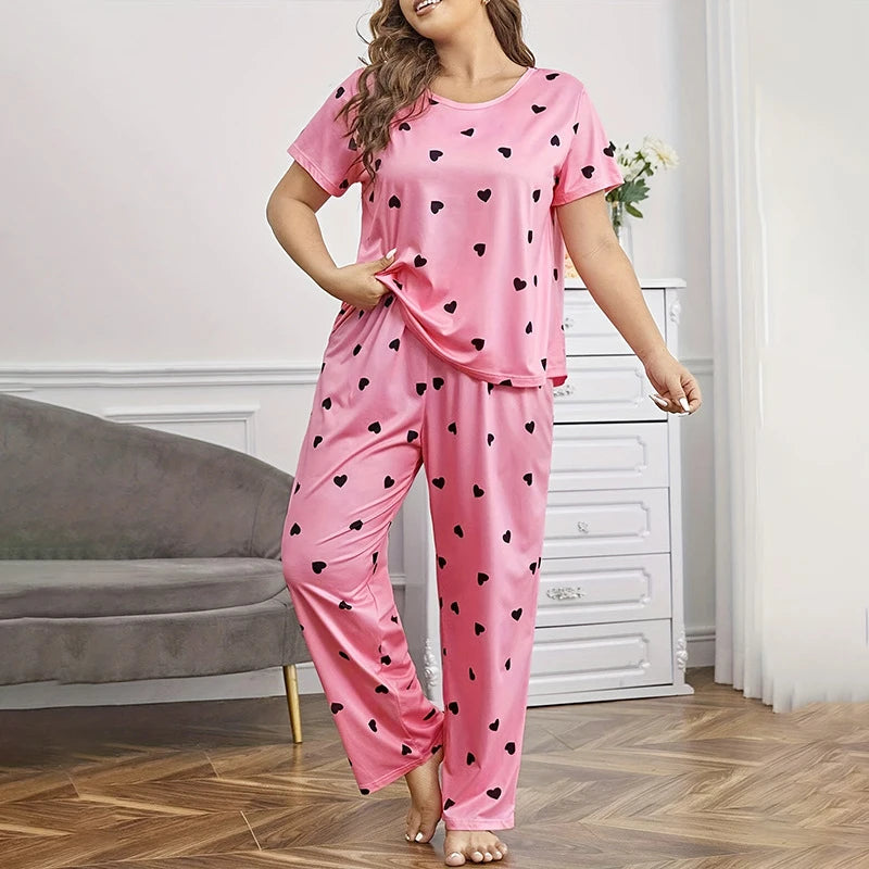 Pyjama Femme Grande Taille Imprimé Cœur — 2 Pièces Manches Courtes & Pantalon, Doux