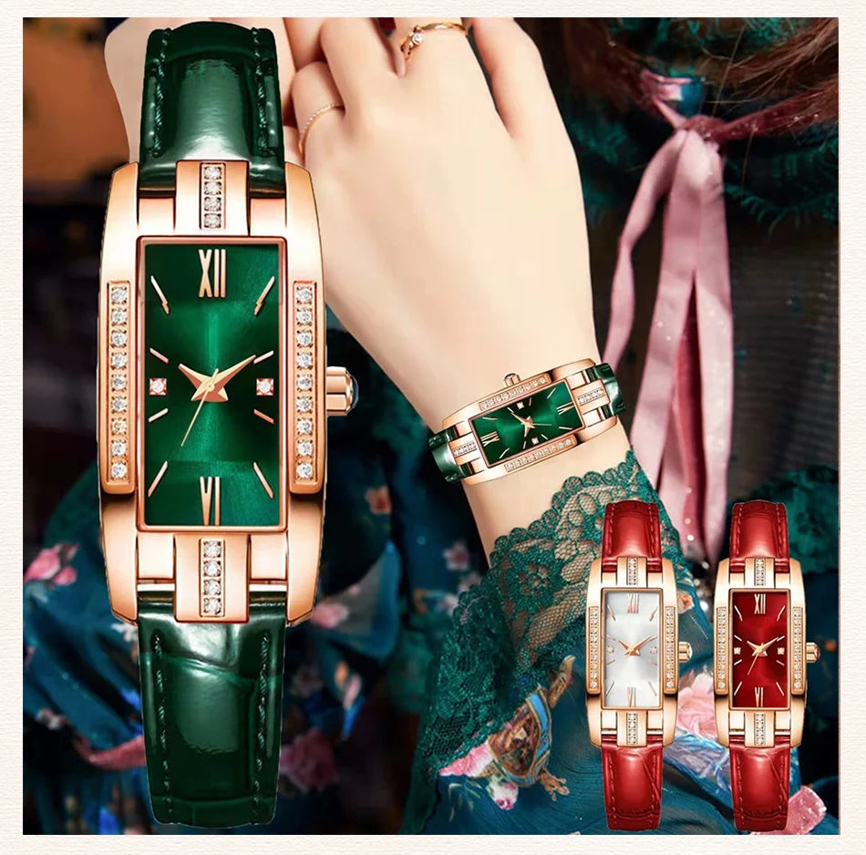 Montre Femme Carrée Quartz — Bracelet Cuir Vert, Cadran Simple, Luxe Fashion
