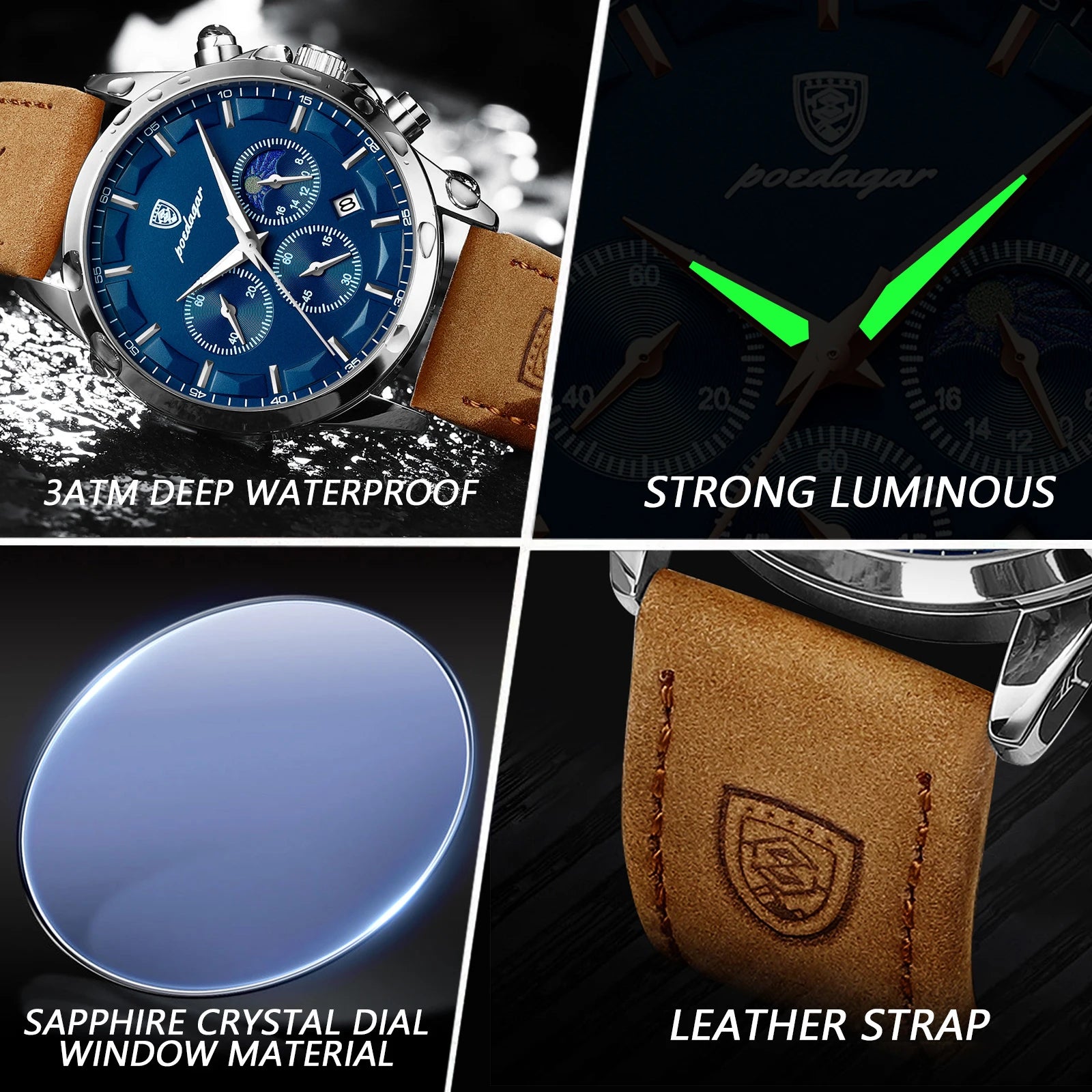 POEDAGAR Montre Homme Luxe Chronographe Cuir — Étanche, Lumineuse, Date, Sport Militaire