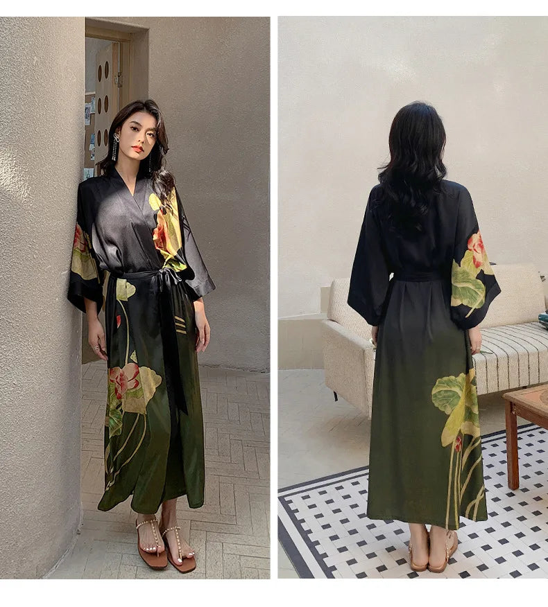 Robe de Chambre Femme Style Chinois Satin — Kimono Imprimé, Manches Mi-Longues, Lounge