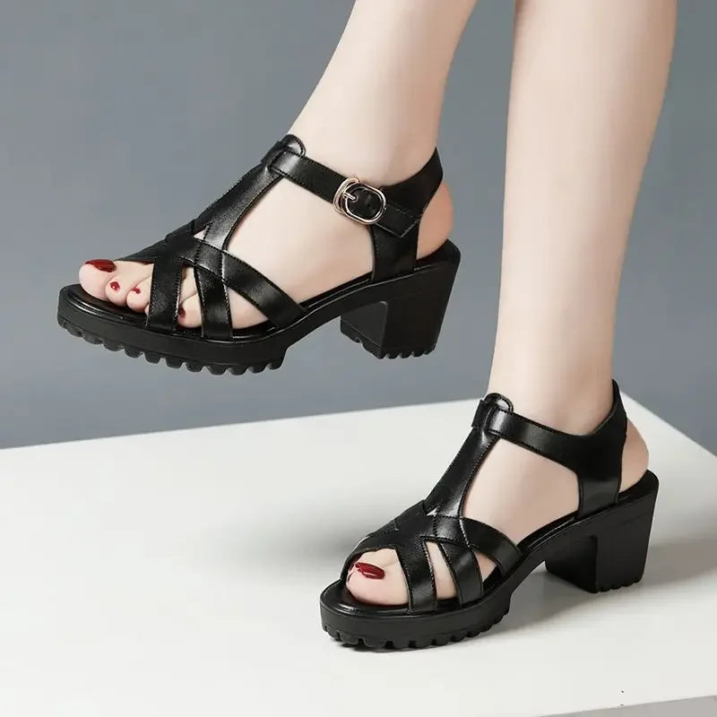 Sandales Gladiateur Femme Cuir Véritable Plateforme 2025 — Talon Bloc 6-10cm, Petite Taille 32-43