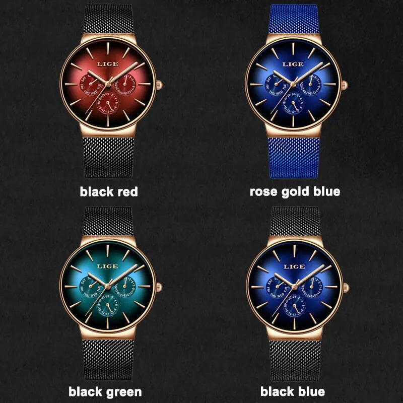Montre Homme LIGE Luxe Quartz — Maille Acier Ultra-Fine, Étanche, Sport