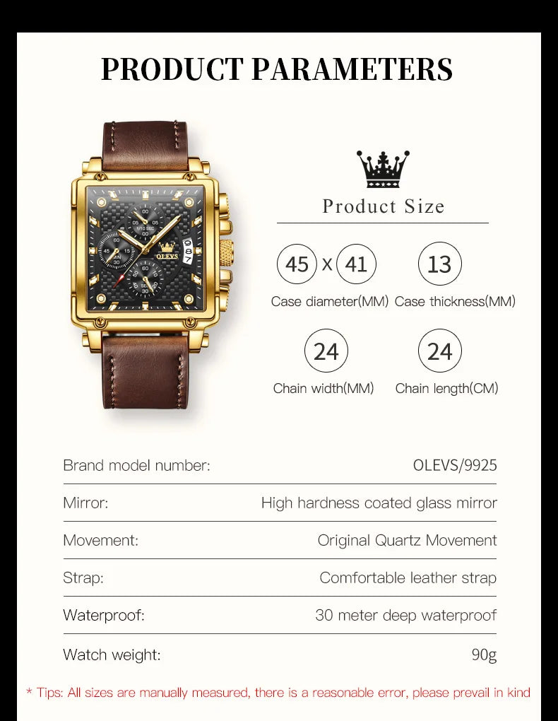 Montre Homme OLEVS Carrée Luxe Quartz — Étanche, Lumineux, Chronographe, Relogio
