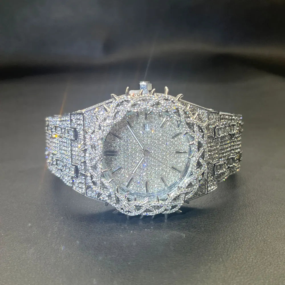MISSFOX Montre Homme Noire Luxe — Couronne Diamant, Hip Hop, Quartz Glacé
