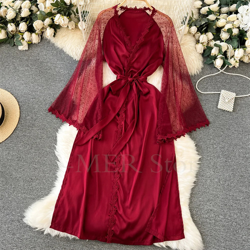 Robe de Chambre Kimono Dentelle Broderie — Longue, Satin Soie, Mariage & Nuit