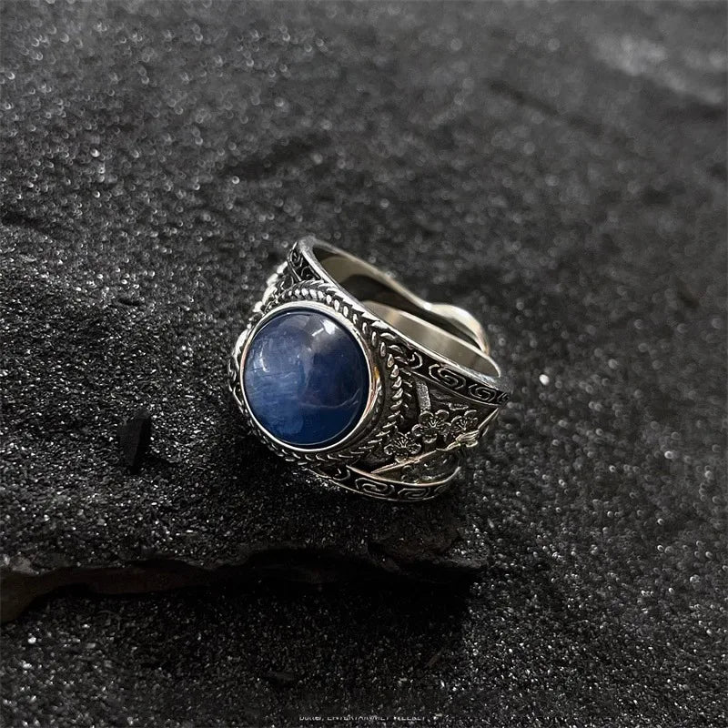 PANJBJ Bague Femme Argent 925 Pierre Œil de Chat Bleu — Rétro, Polyvalente
