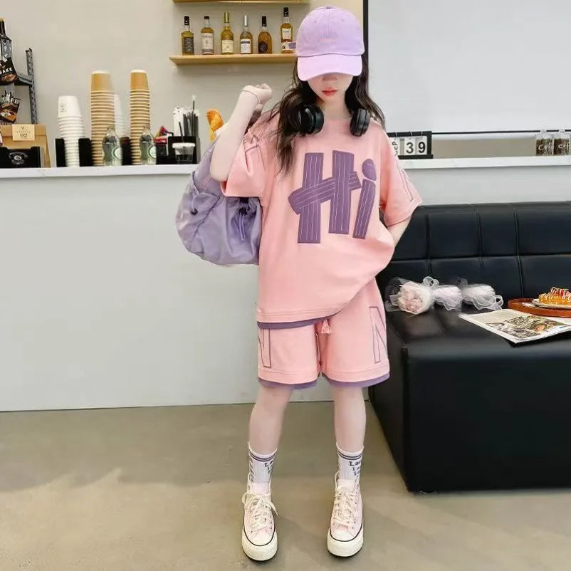 Ensemble 2 pièces filles – T-shirt manches courtes & short décontracté imprimé lettres, 5-14 ans