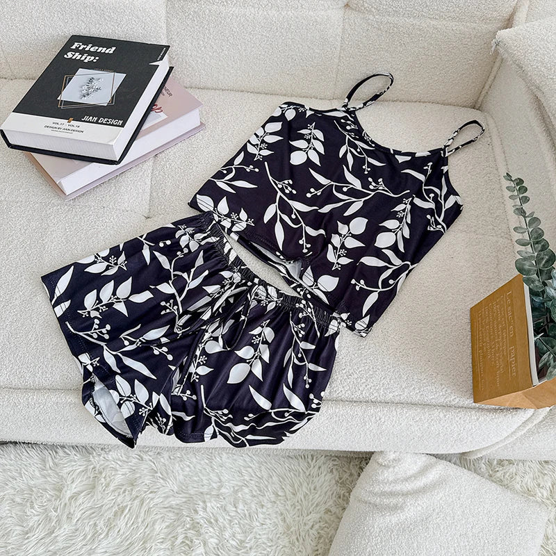 Pyjama Femme Sexy Satin Soie Glacée — Top Col Rond & Short, Imprimé, Respirant