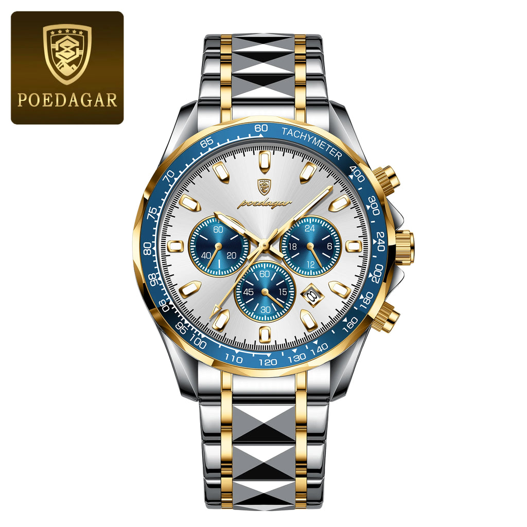 POEDAGAR Montre Homme Sport Luxe Chronographe — Acier Inoxydable, Étanche, Lumineuse