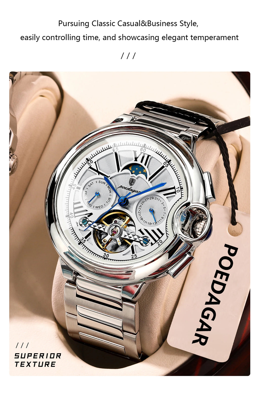 POEDAGAR Montre Automatique Homme Luxe — Tourbillon, Acier, Date & Semaine, Étanche