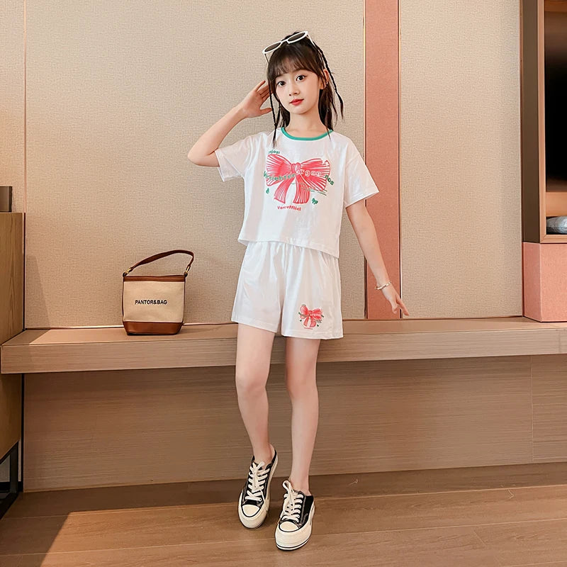 Ensemble 2 pièces filles – T-shirt imprimé nœud manches courtes & short sport, tenue été 2025
