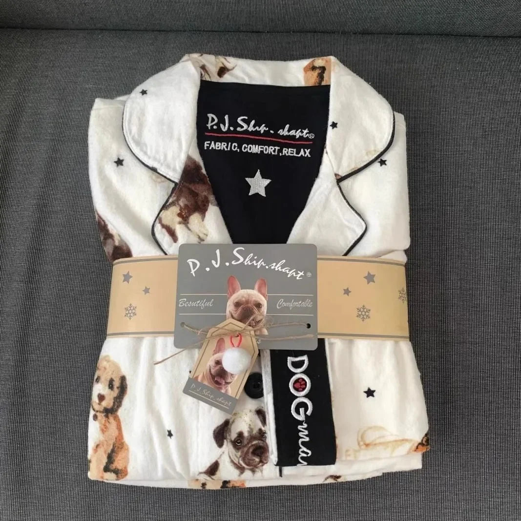 Ensemble Pyjama Femme Coton — Imprimé Cartoon Mignon, 2 Pièces, Manches Longues, Automne