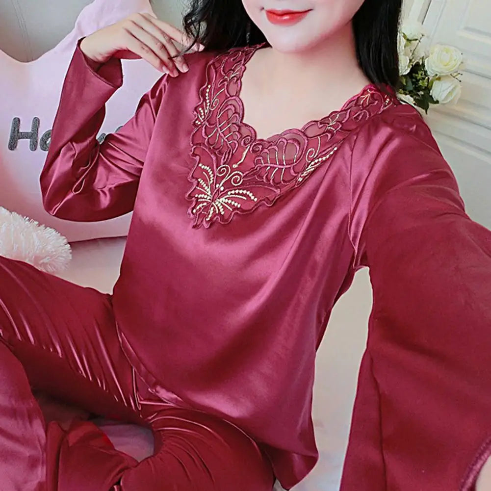 Pyjama Femme Soyeux Manches Longues 2025 — Col V, Dentelle Grande Taille, Lounge
