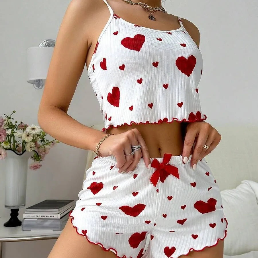 Pyjama Femme 2 Pièces Imprimé Cœur — Top Sans Manches & Short, Doux Été