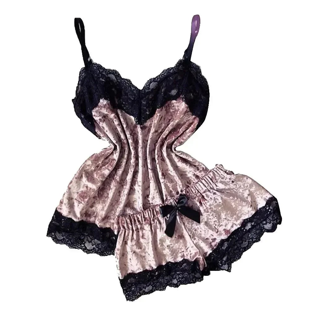 Pyjama Femme Dentelle Satin 2 Pièces — Top Court & Short, Sexy Lounge Été