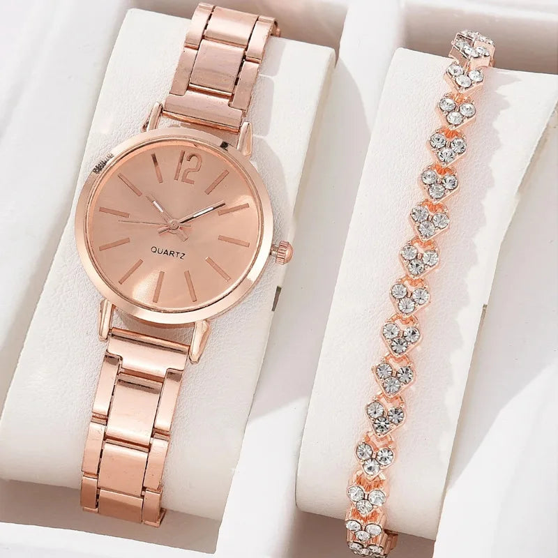 Coffret 2 Montres Femme Luxe — Cadran Simple Creux, Bracelet Or, Quartz Étudiante