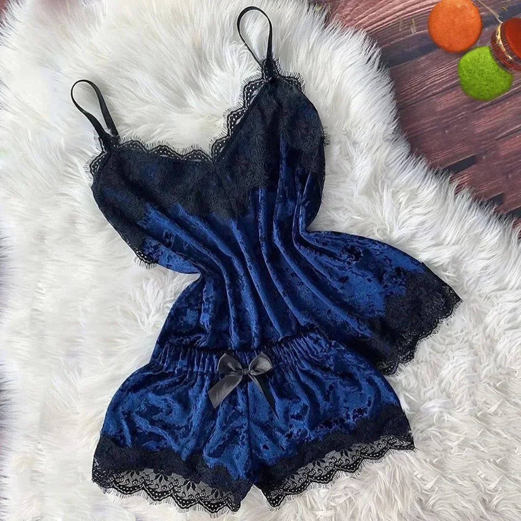 Pyjama Femme Dentelle Satin 2 Pièces — Top Court & Short, Sexy Lounge Été