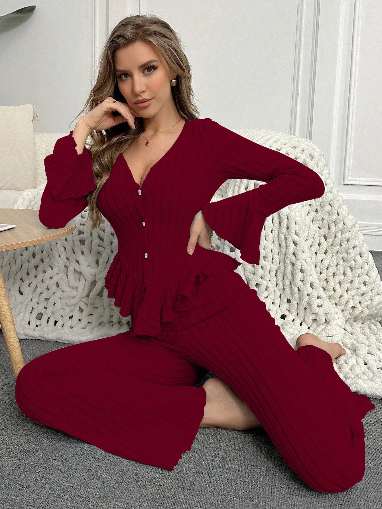 Ensemble Pyjama Femme Hiver — Manches Longues, Col V, Pantalon Long, Chaud & Confortable