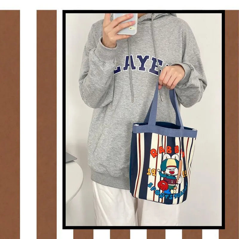 Sac Seau Toile Cartoon Imprimé — Tote Portable Cylindrique, Lunch Bag Fille Étudiante