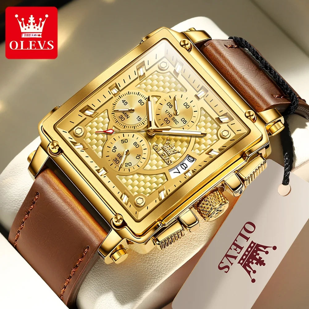 Montre Homme OLEVS Carrée Luxe Quartz — Étanche, Lumineux, Chronographe, Relogio