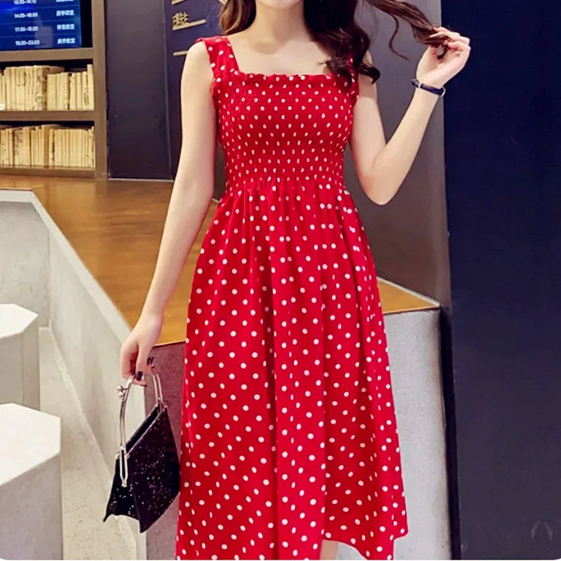 Robe Longue Vintage Pois Bretelles 5XL — Volantée, Soyeuse, Sexy Plage Été
