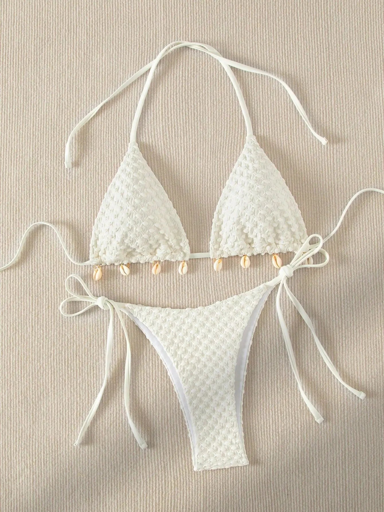 Bikini Coquillage Blanc Push Up 2025 — Halter Micro, Tanga, Maillot de Bain Sexy