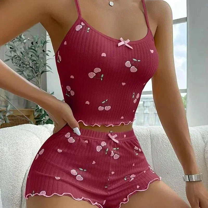 Pyjama Femme Été Imprimé Cœur — Top Cami Dos Nu & Short, Sexy Lounge