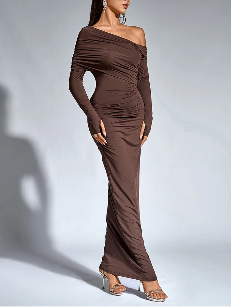 Robe Longue Asymmétrique Épaule Unique — Manches Longues, Bodycon Club, Automne