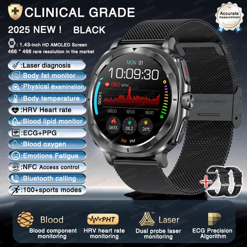 ساعة ذكية صحية بالليزر ECG 2025 — ضغط الدم، حمض اليوريك، NFC، مكالمات