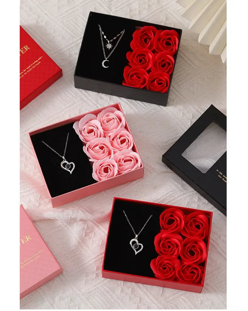 Coffret Cadeau Fête des Mères avec 6 Roses Savon & Boîte Bijoux Romantique