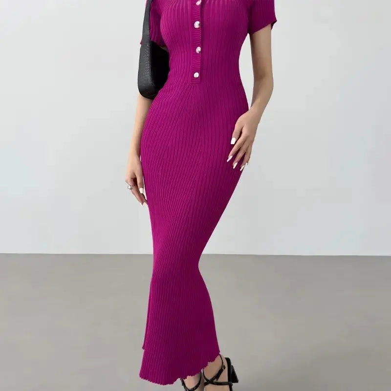 OCEANLOVE Robe Longue Tricotée Sirène Volantée — Boutons, Sexy, Printemps Été