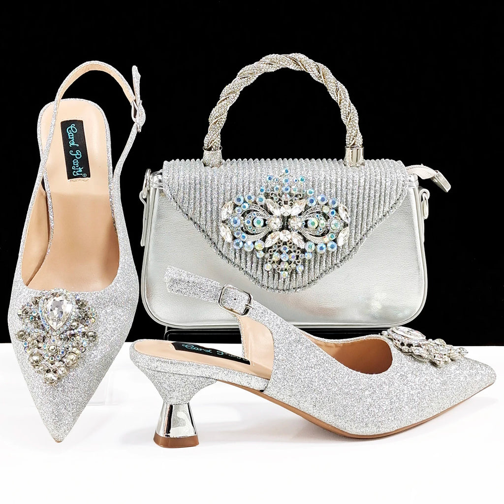Ensemble Chaussures & Sac Femme Strass Magenta — Bout Pointu, Talon Haut, Mariage Soirée
