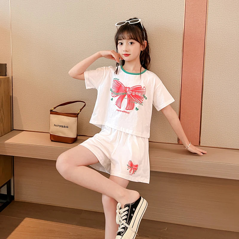 Ensemble 2 pièces filles – T-shirt imprimé nœud manches courtes & short sport, tenue été 2025