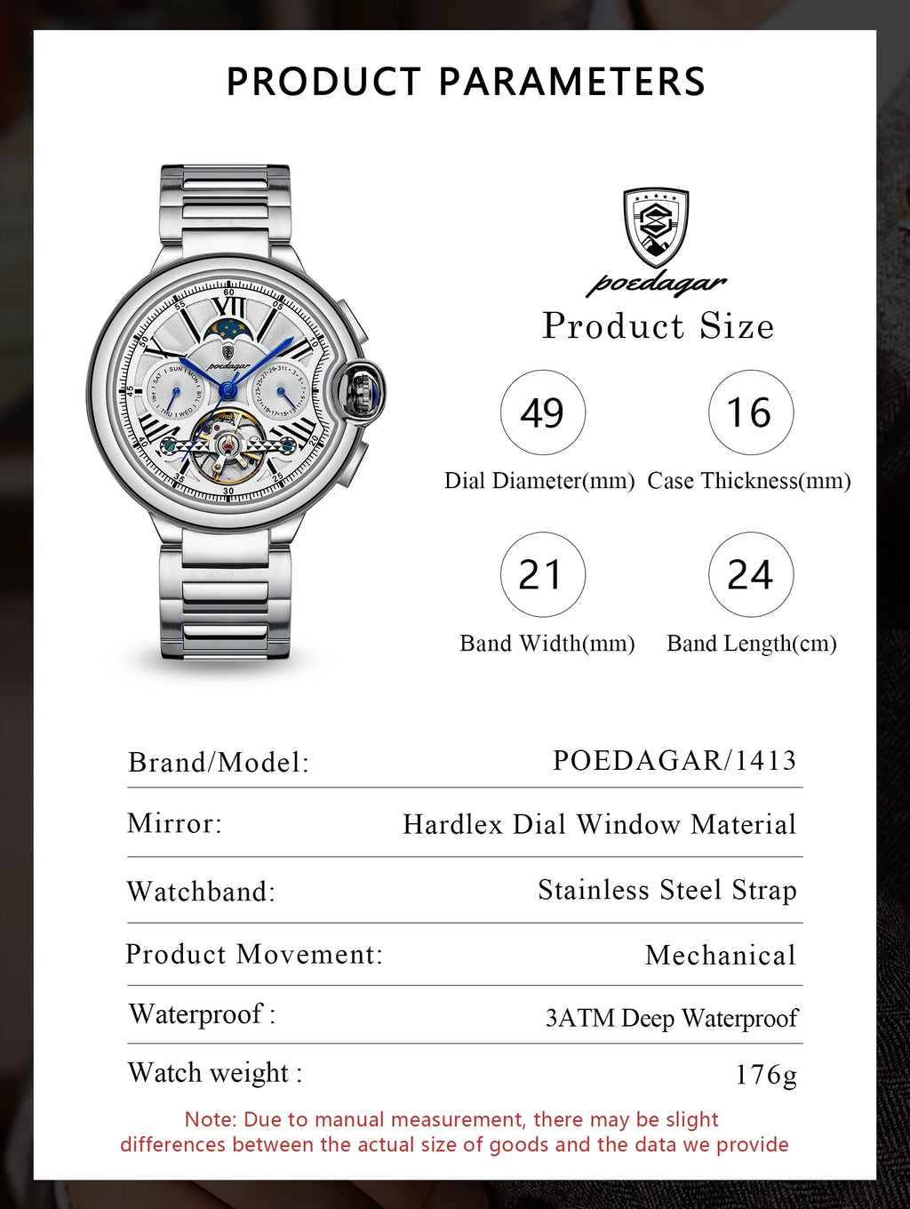 POEDAGAR Montre Automatique Homme Luxe — Tourbillon, Acier, Date & Semaine, Étanche