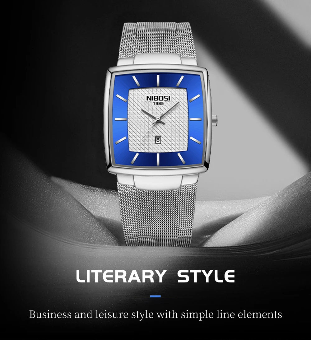 NIBOSI Montre Homme Luxe Carrée Quartz — Maille Ultra-Fine, Étanche, Lumineux