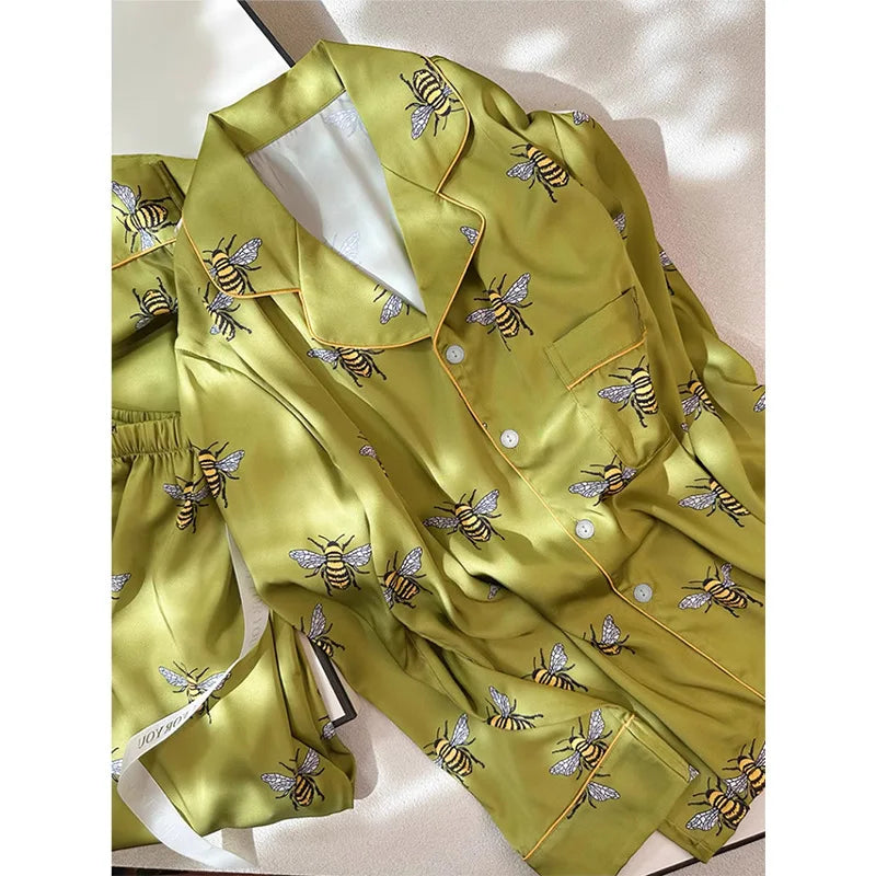 Pyjama Femme 2 Pièces Satin Imprimé — Manches Longues, Poche, Printemps-Automne