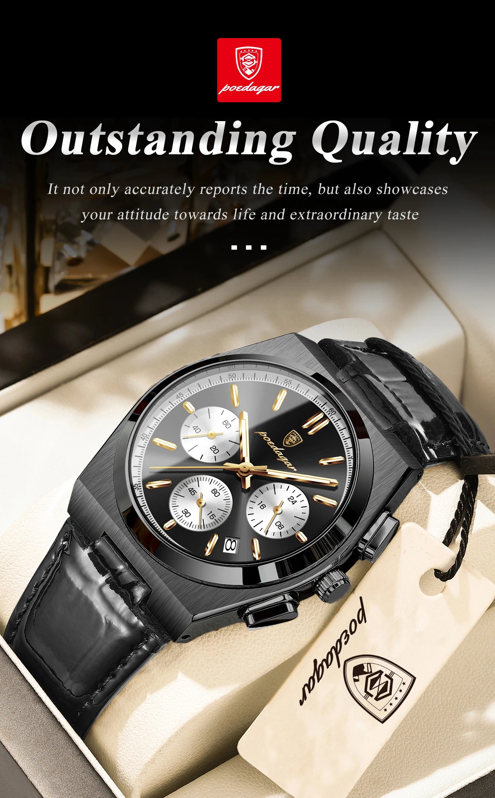 Montre Homme POEDAGAR Business Quartz — Étanche, Lumineux, Chronographe, Date, Sport