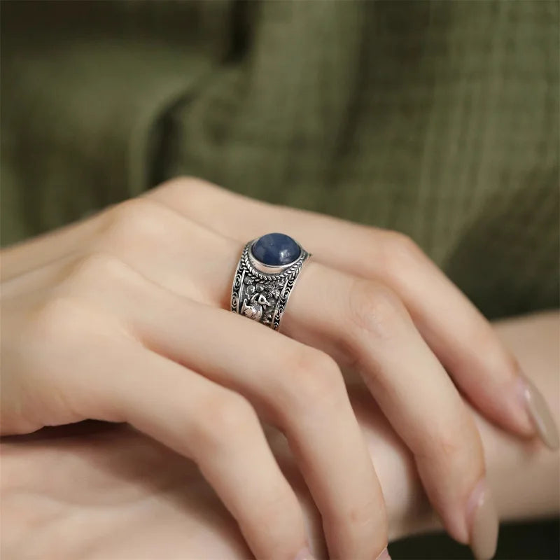 PANJBJ Bague Femme Argent 925 Pierre Œil de Chat Bleu — Rétro, Polyvalente