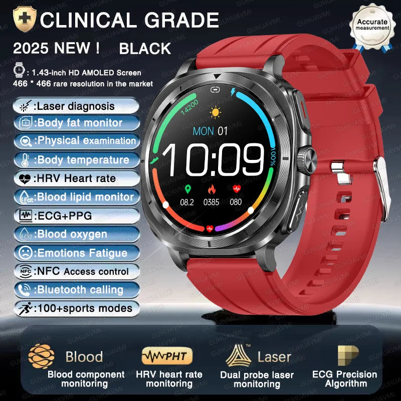 ساعة ذكية صحية بالليزر ECG 2025 — ضغط الدم، حمض اليوريك، NFC، مكالمات
