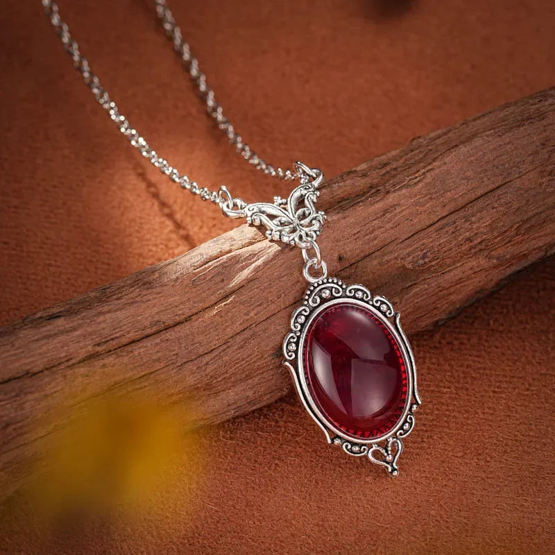 Collier Pendentif Gothique Quartz Rouge — Ovale, Vampire Halloween, Vintage Choker