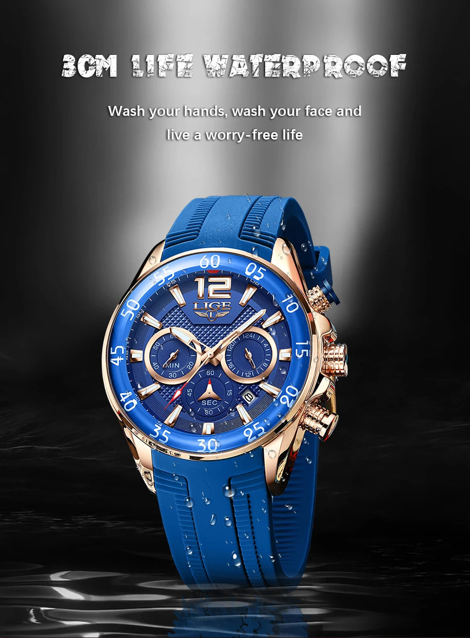 Montre Homme LIGE Sport Rouge Silicone — Étanche, Chronographe Quartz, Luxe