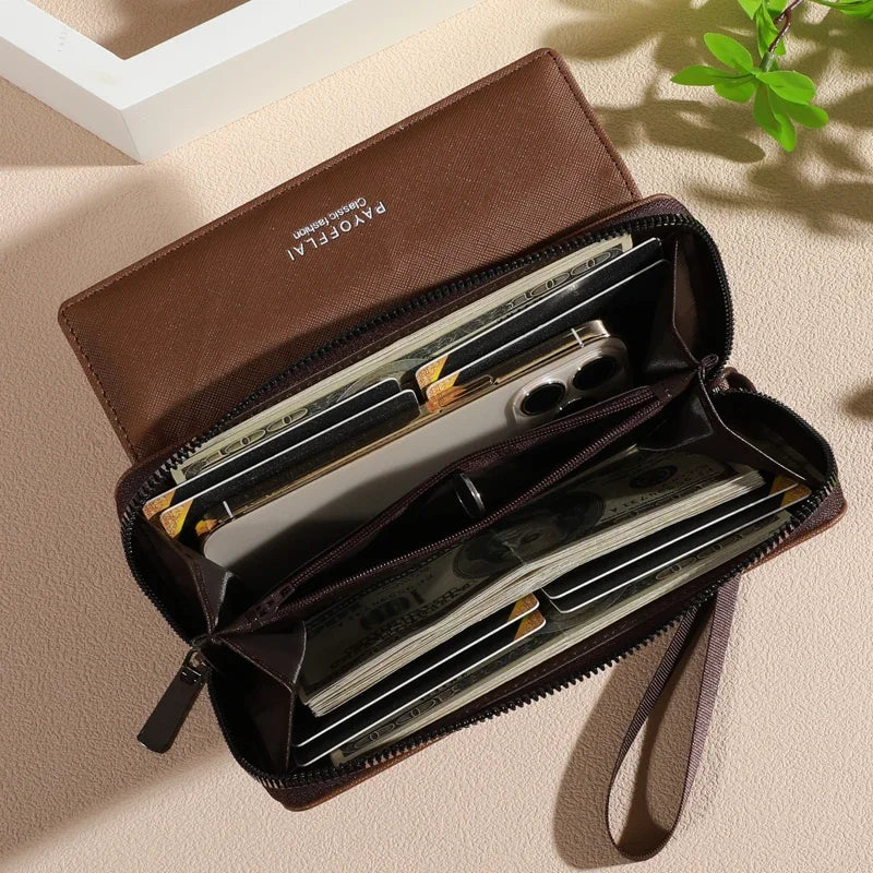 Portefeuille Homme Cuir PU Double Couche — Fermeture Pression, Porte-Cartes & Photos
