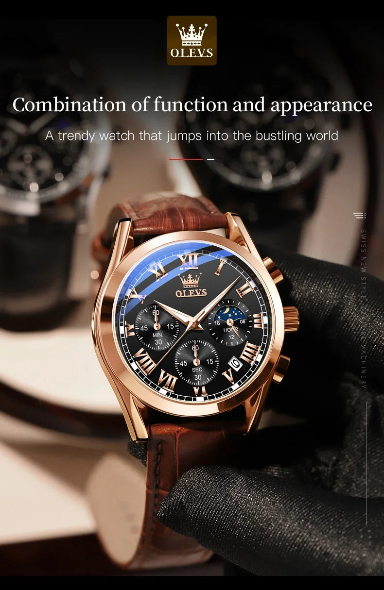 Montre Homme OLEVS 2871 Chronographe Phase de Lune — Étanche, Multifonction, Quartz Luxe