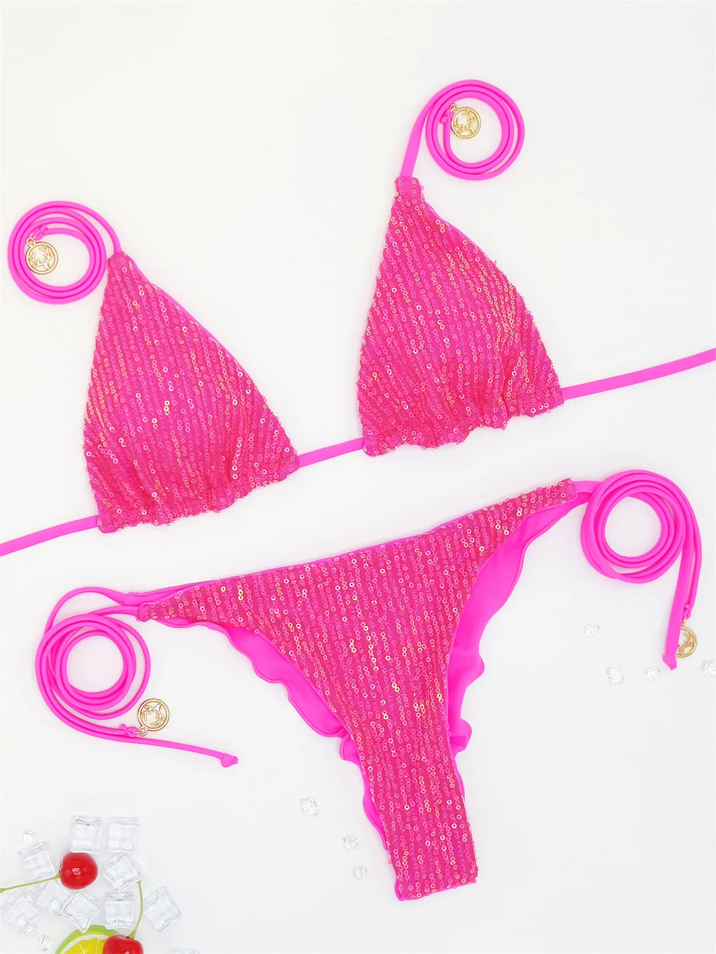Bikini Paillettes Halter Sexy — Sequins Brillants, Maillot de Bain Femme Plage