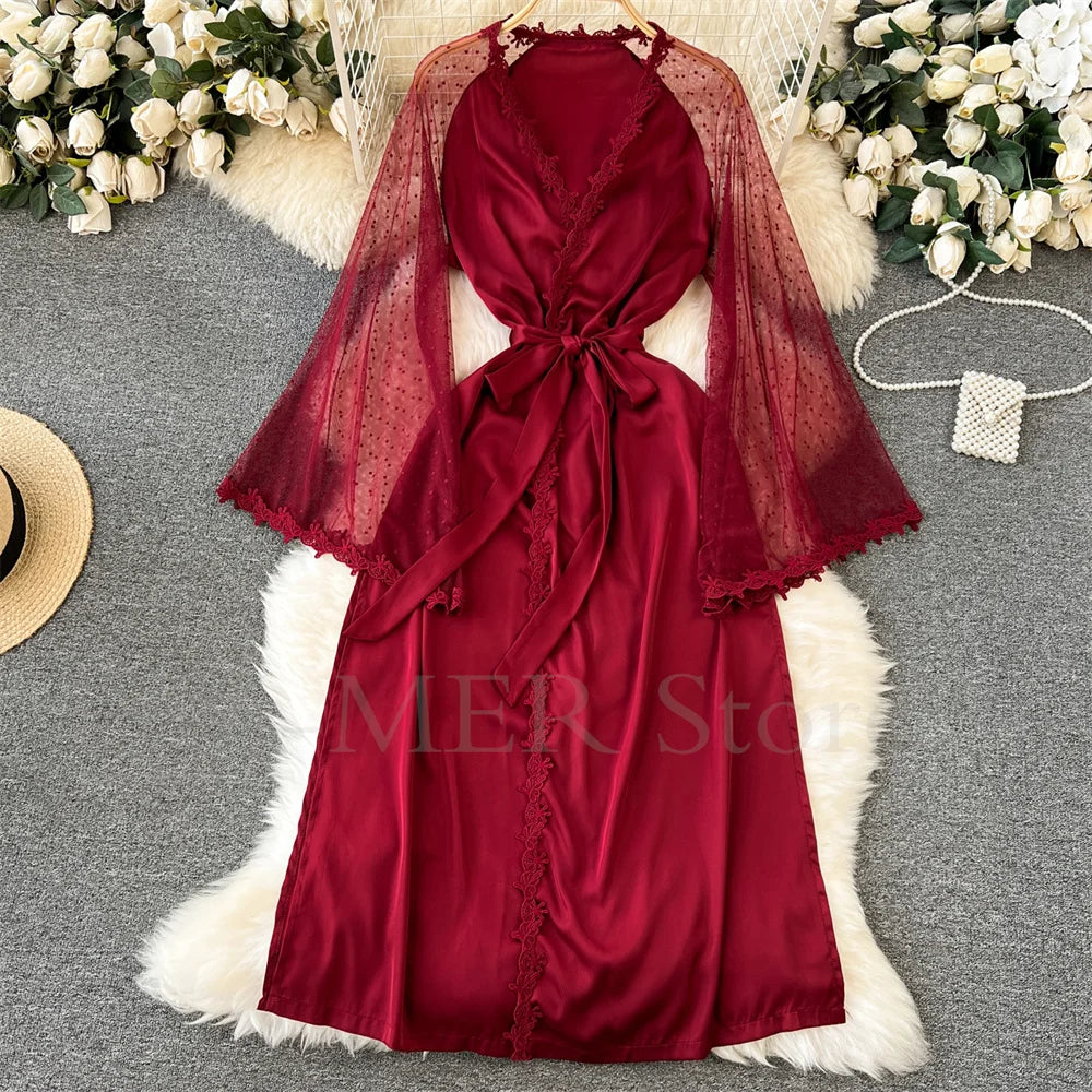Robe de Chambre Kimono Dentelle Broderie — Longue, Satin Soie, Mariage & Nuit