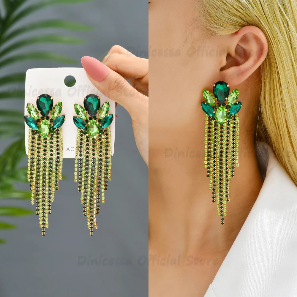Boucles d'Oreilles Longues Pendantes Cristal Verre Femme — Franges Luxe, Cadeau Bijou