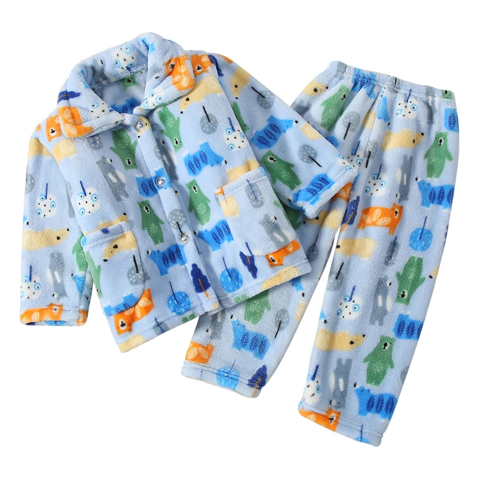 Pyjama Enfant Polaire Cartoon — Manches Longues, Chaud Hiver, Garçon & Fille