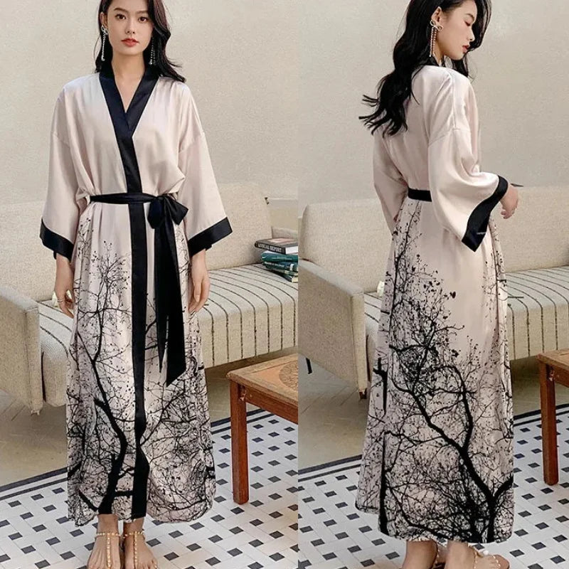 Robe de Chambre Femme Style Chinois Satin — Kimono Imprimé, Manches Mi-Longues, Lounge