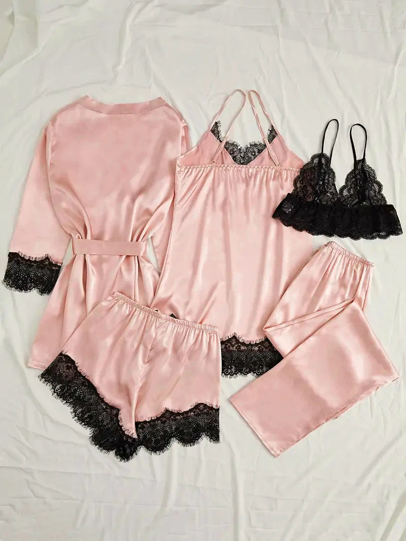 Pyjama Femme Satin Rose Lingerie — Robe de Bain Dentelle, Nuisette & Pantalon