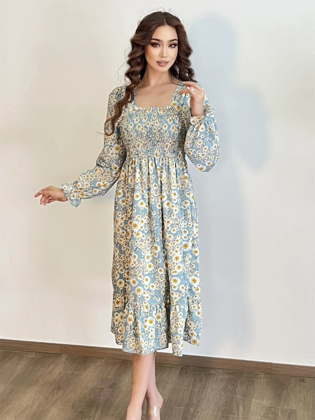 Robe Midi Femme Mousseline Manches Longues — Imprimé Floral Laçage